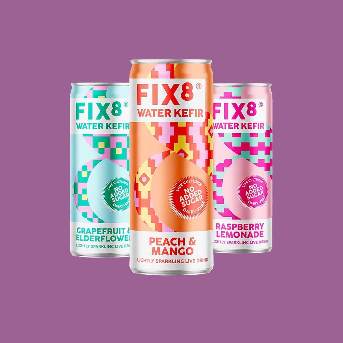 Fix8 Water Kefir cans on purple, 2025 launch
