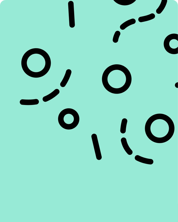 Black line illustration of microbes on a mint green background