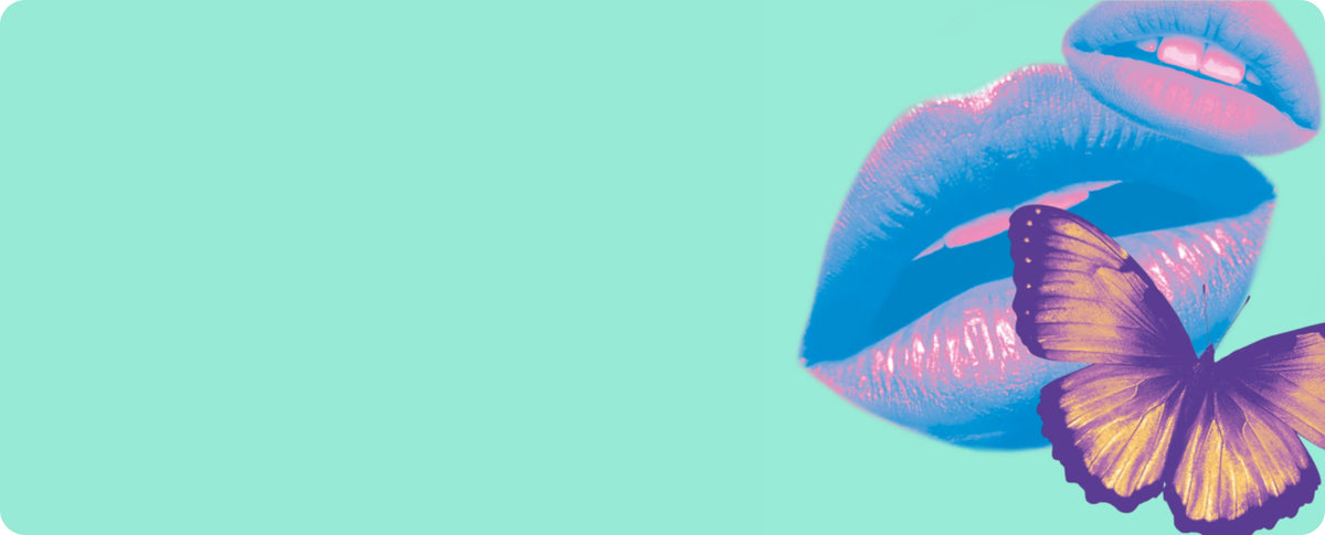 Illustration of blue and pink lips with a butterfly on a mint green background