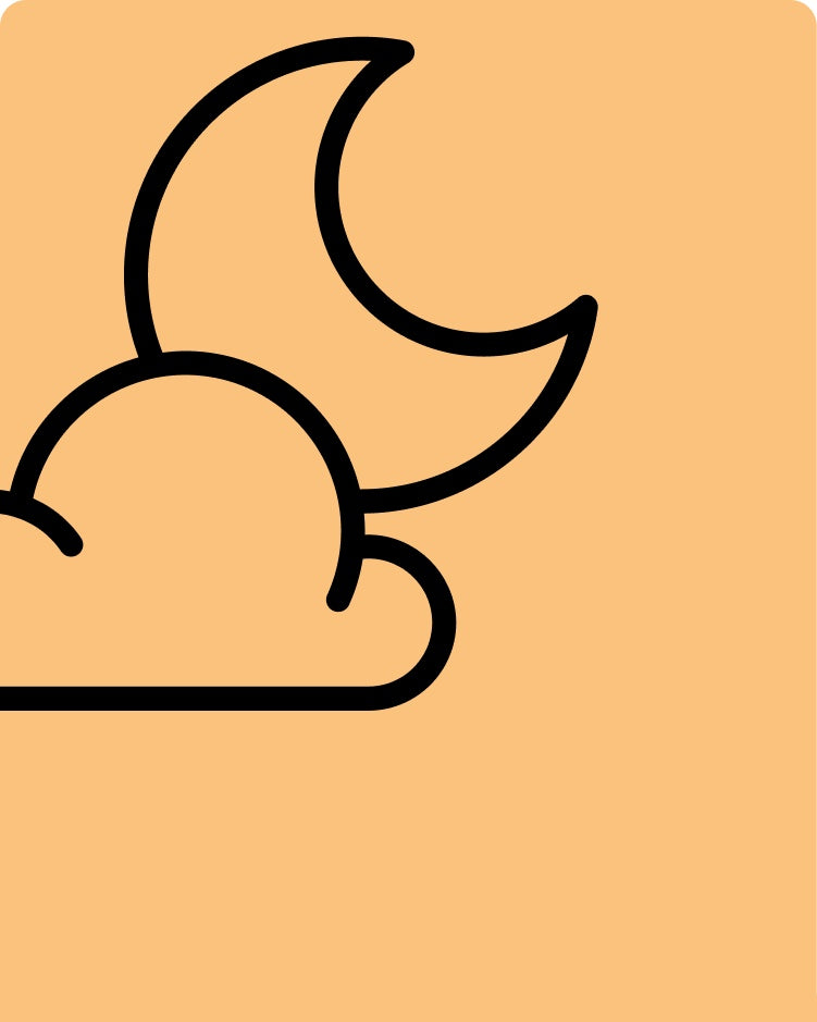 Black line illustration of a moon and cloud on an orange background