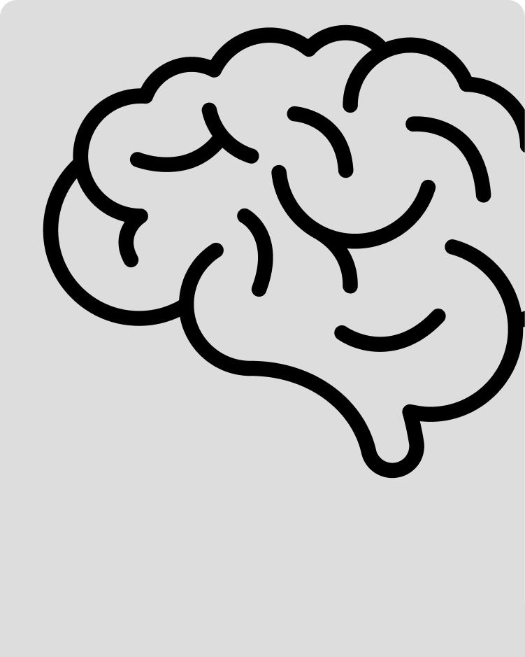 Black line illustration of a brain on a grey background